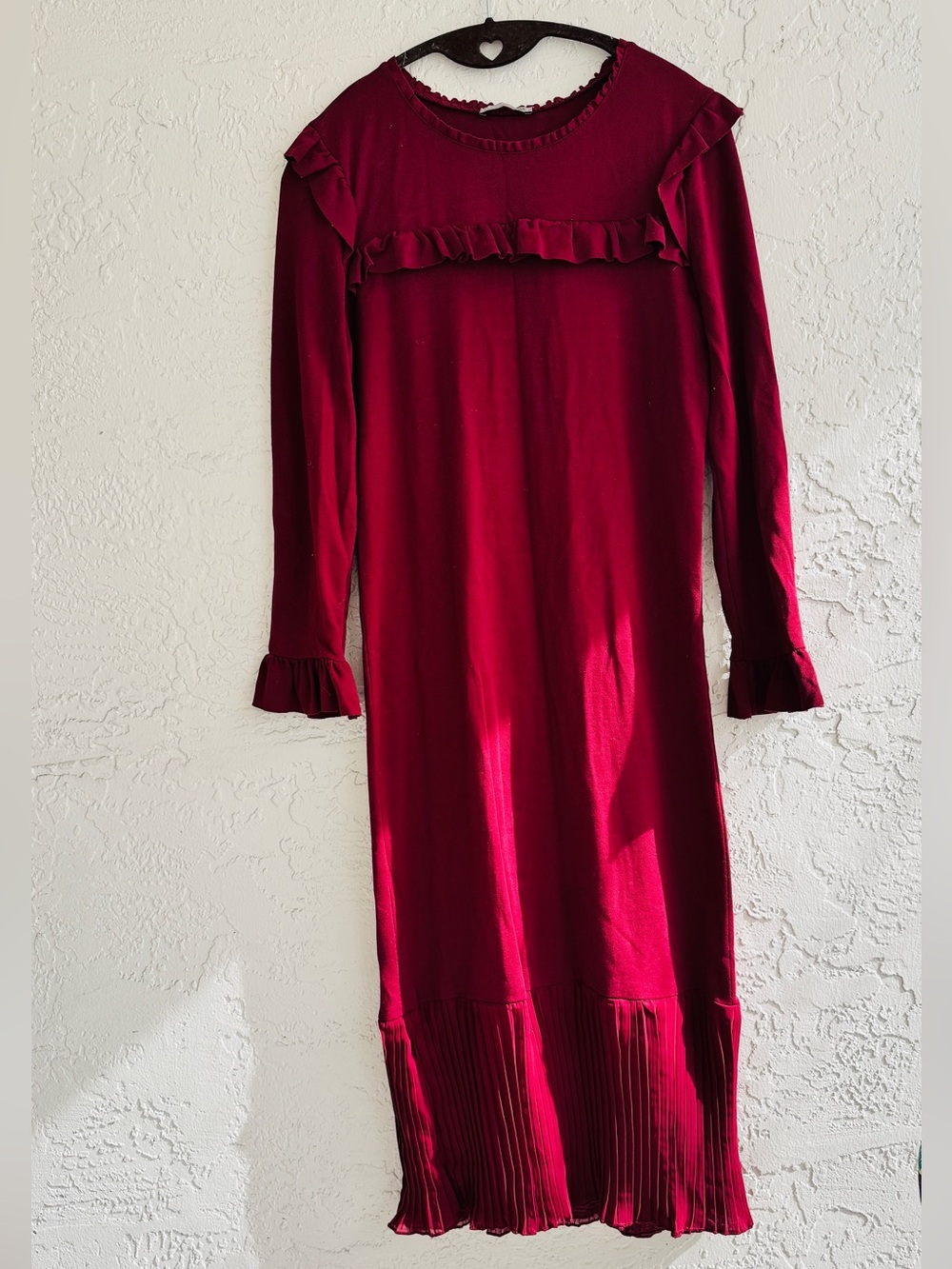 Zara Burgundy Ruffled Long Sleeve Midi Dress